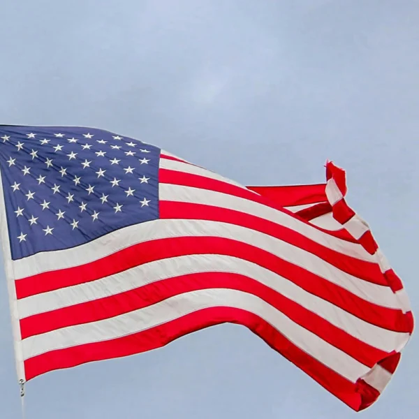 A flag flying in the wind on top of a blue sky.